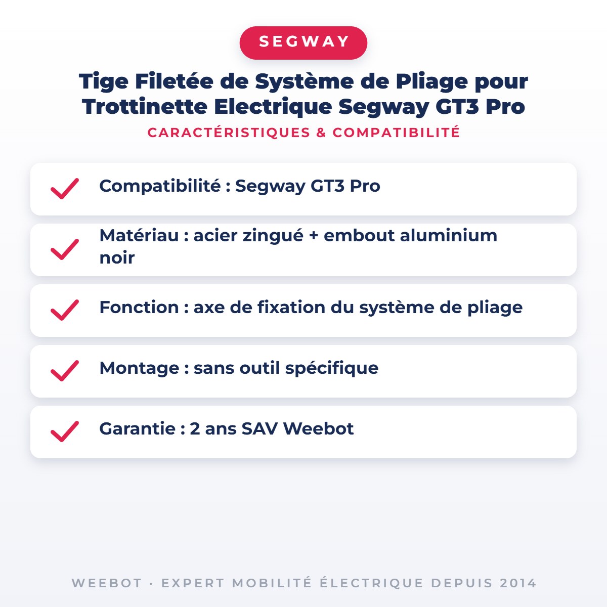 Tige Filetée de Système de Pliage pour Trottinette Electrique Segway GT3 Pro — caractéristiques et compatibilité