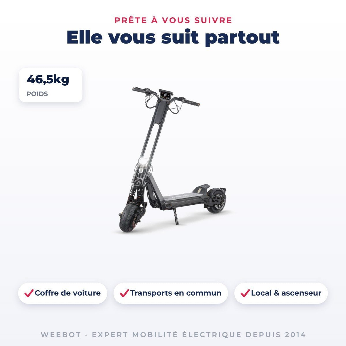 Trottinette Électrique Inmotion RS Jet noire — dimensions et poids 46,5 kg, pour le transport au quotidien