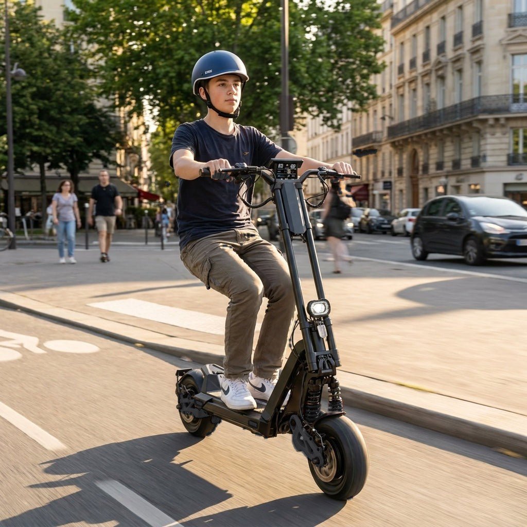 Trottinette Électrique Inmotion RS Jet noire — en trajet domicile-travail sur une piste cyclable