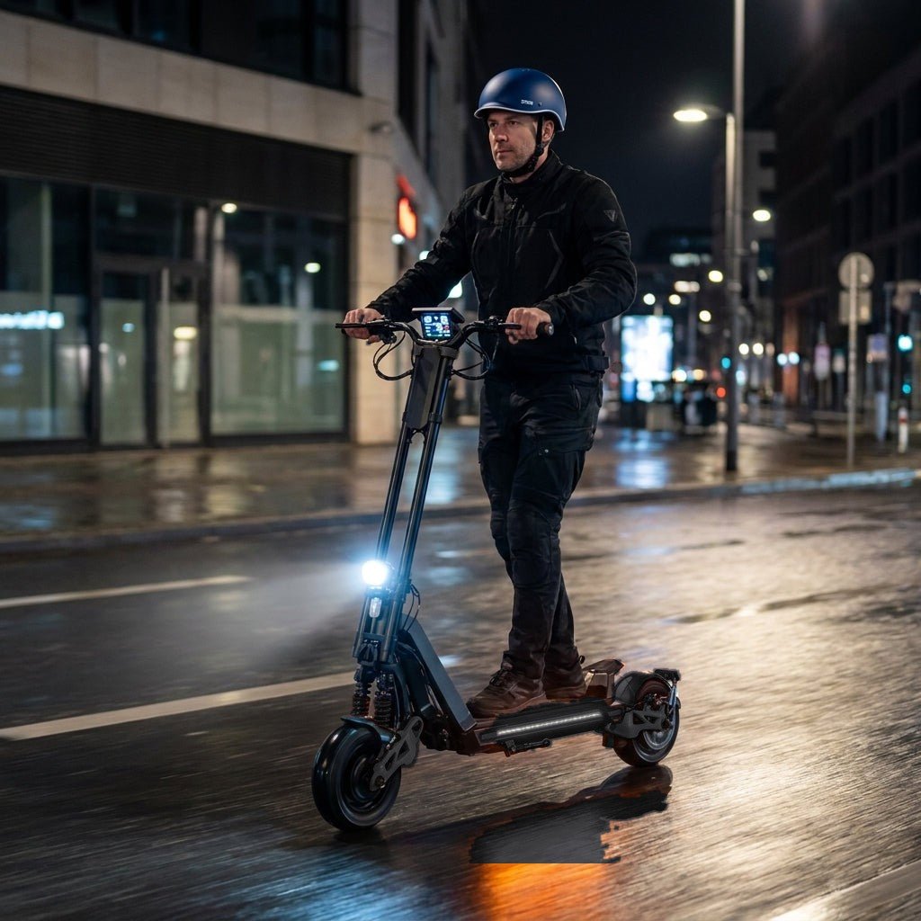 Trottinette Électrique Inmotion RS Jet noire — de nuit en ville, éclairage allumé