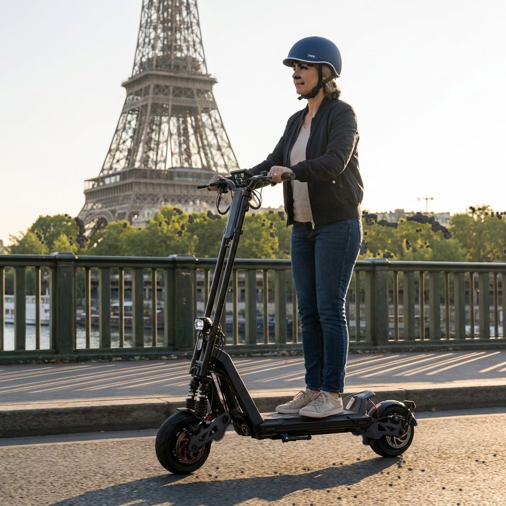 Trottinette Électrique Inmotion RS Jet noire — sur les quais de Seine, Tour Eiffel en arrière-plan