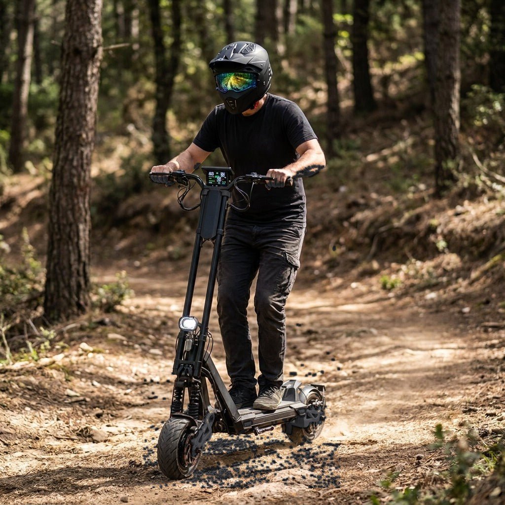 Trottinette Électrique Inmotion RS Jet noire — en tout-terrain sur un sentier forestier