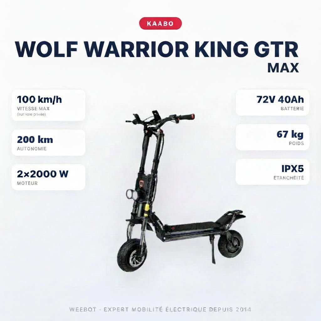 Trottinette Électrique Wolf Warrior King GTR MAX Kaabo — caractéristiques : 100 km/h sur voie privée, autonomie 200 km, moteur 2×2000 W, batterie 72V 40Ah, 67 kg. Trottinette électrique Kaabo chez Weebot.