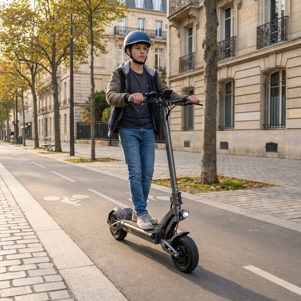 Trottinette Électrique Langfeite Cayman S — en trajet domicile-travail sur une piste cyclable