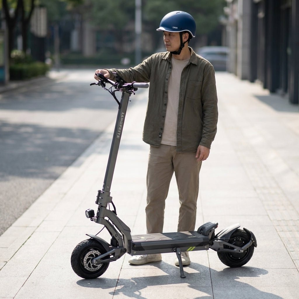 Trottinette Électrique Langfeite Cayman S — à l'arrêt à côté d'un adulte, pour l'échelle