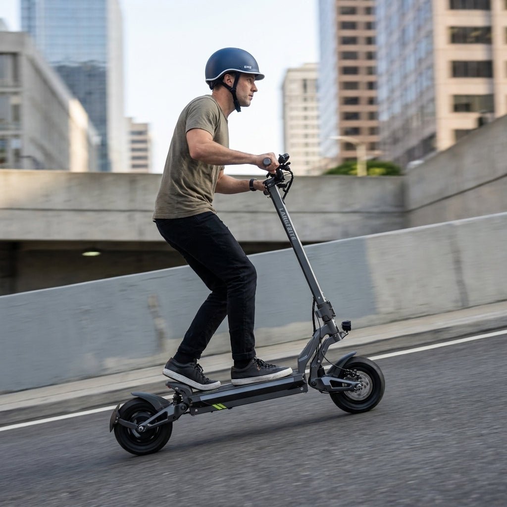 Trottinette Électrique Langfeite Cayman S — en montée sur une rampe urbaine