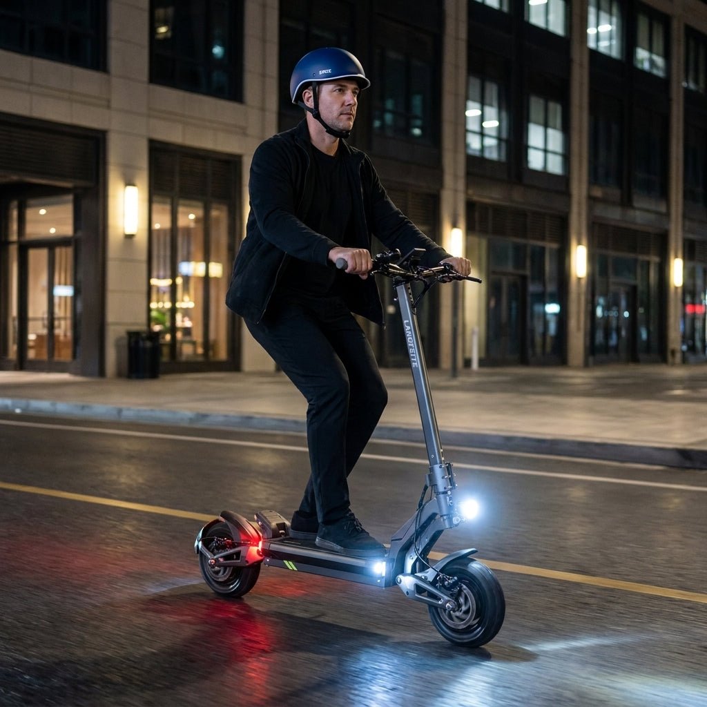 Trottinette Électrique Langfeite Cayman S — de nuit en ville, éclairage allumé