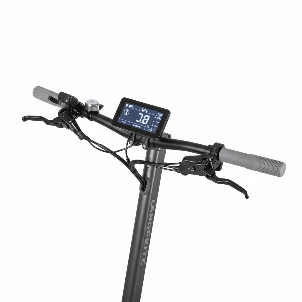 Trottinette Électrique Langfeite Cayman S — gros plan de l'écran et des commandes au guidon