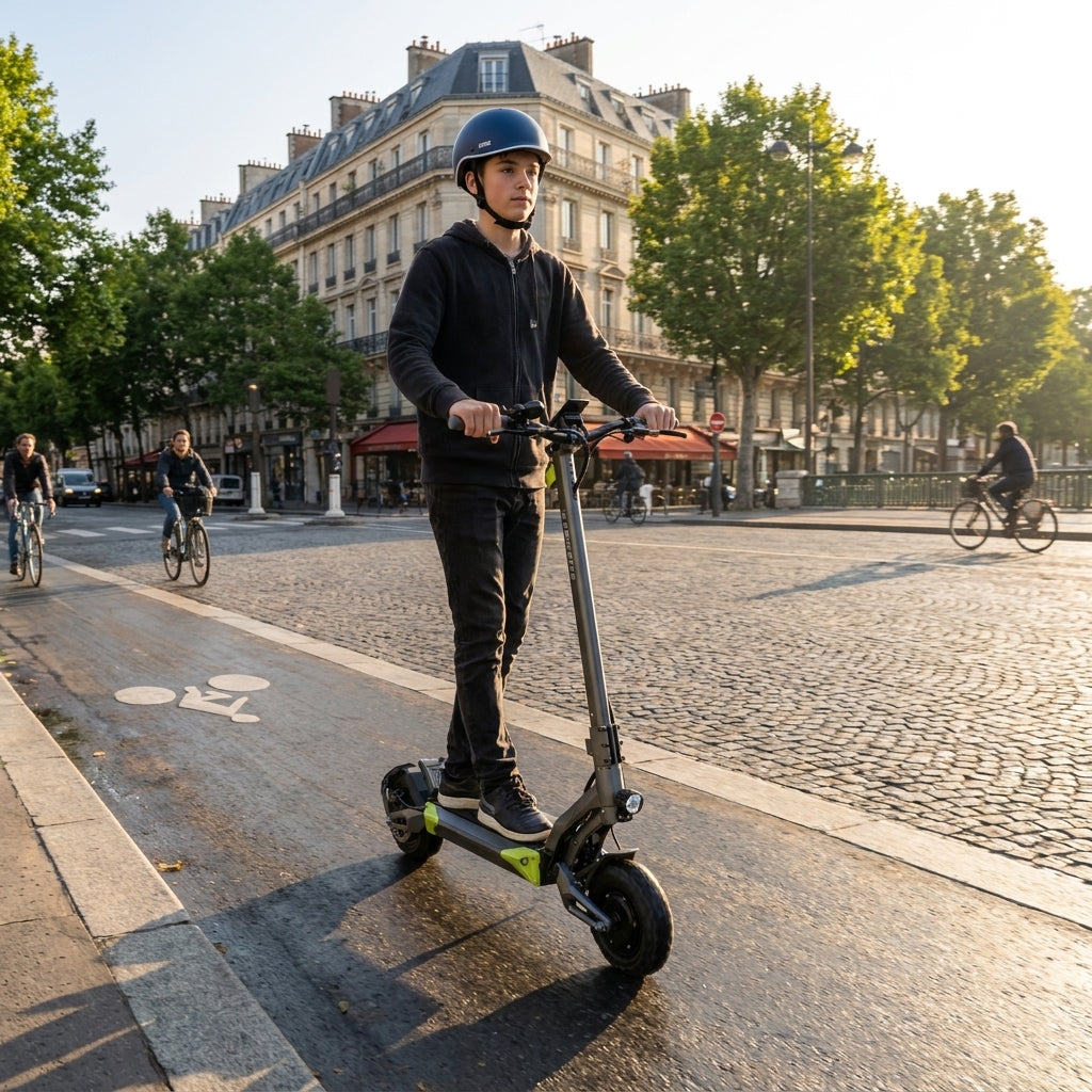 Trottinette Électrique Langfeite Roadster GT — en trajet domicile-travail sur une piste cyclable