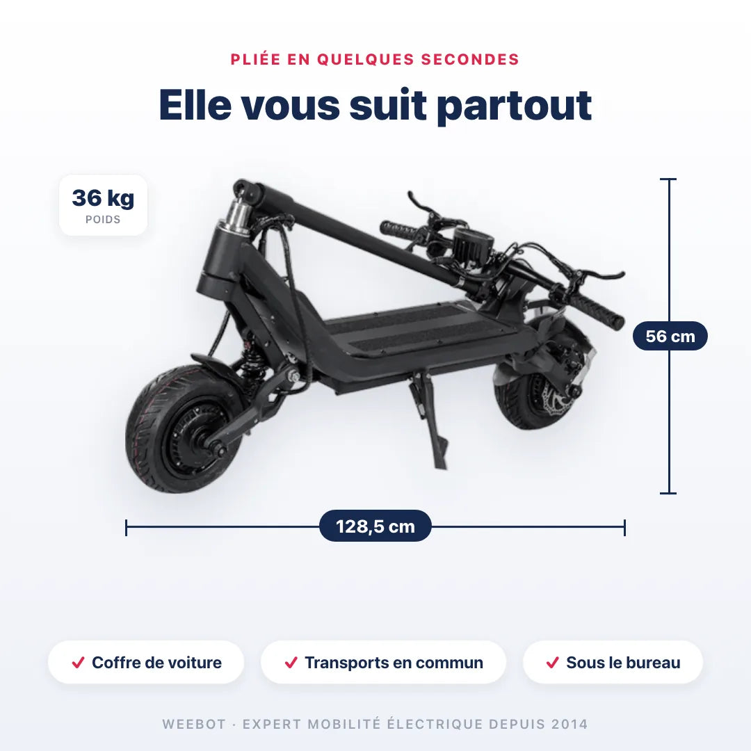 Trottinette Électrique Nami Klima Max pliée — dimensions 128,5 cm, poids 36 kg. Compact et transportable, Weebot.