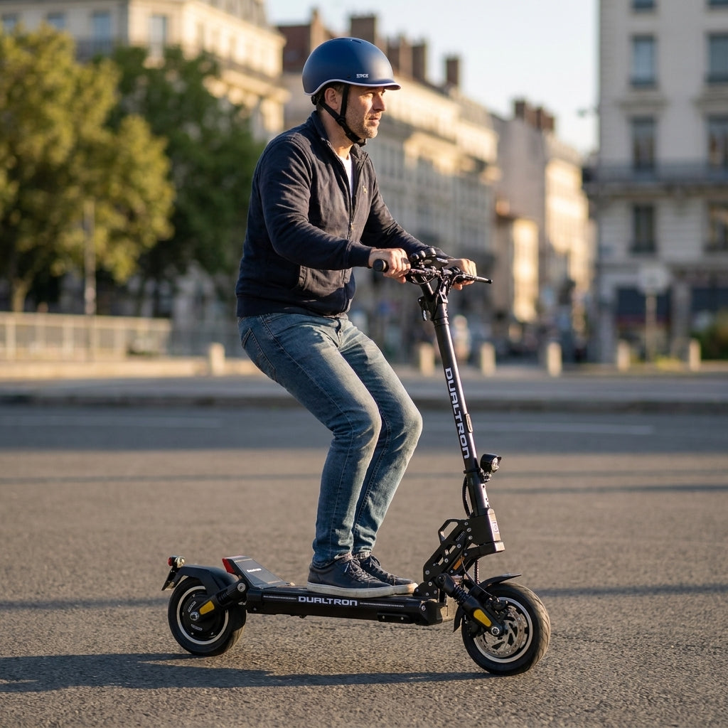 Trottinette Électrique Occasion Dualtron Aminia : Reconditionnée — en action sur une piste cyclable urbaine