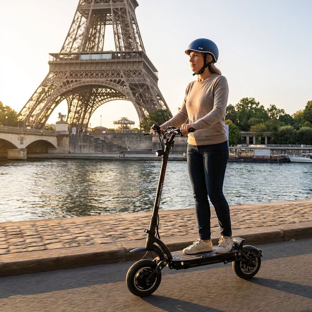 Trottinette Électrique Occasion Dualtron Forever Ultra : Reconditionnée — sur les quais de Seine, Tour Eiffel en arrière-plan
