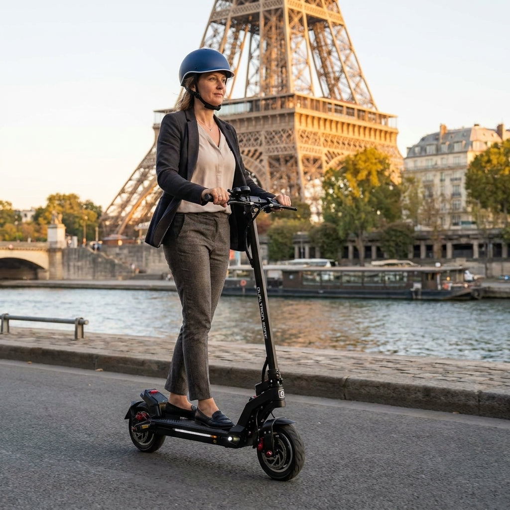 Trottinette Électrique Occasion Dualtron Sonic N : Reconditionnée — sur les quais de Seine, Tour Eiffel en arrière-plan
