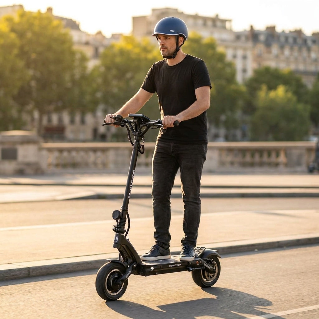 Trottinette Électrique Occasion Dualtron Spider Max : Reconditionnée — en action sur une piste cyclable urbaine