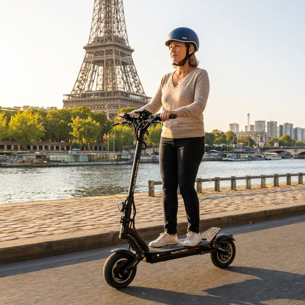Trottinette Électrique Occasion Dualtron Spider Max : Reconditionnée — sur les quais de Seine, Tour Eiffel en arrière-plan