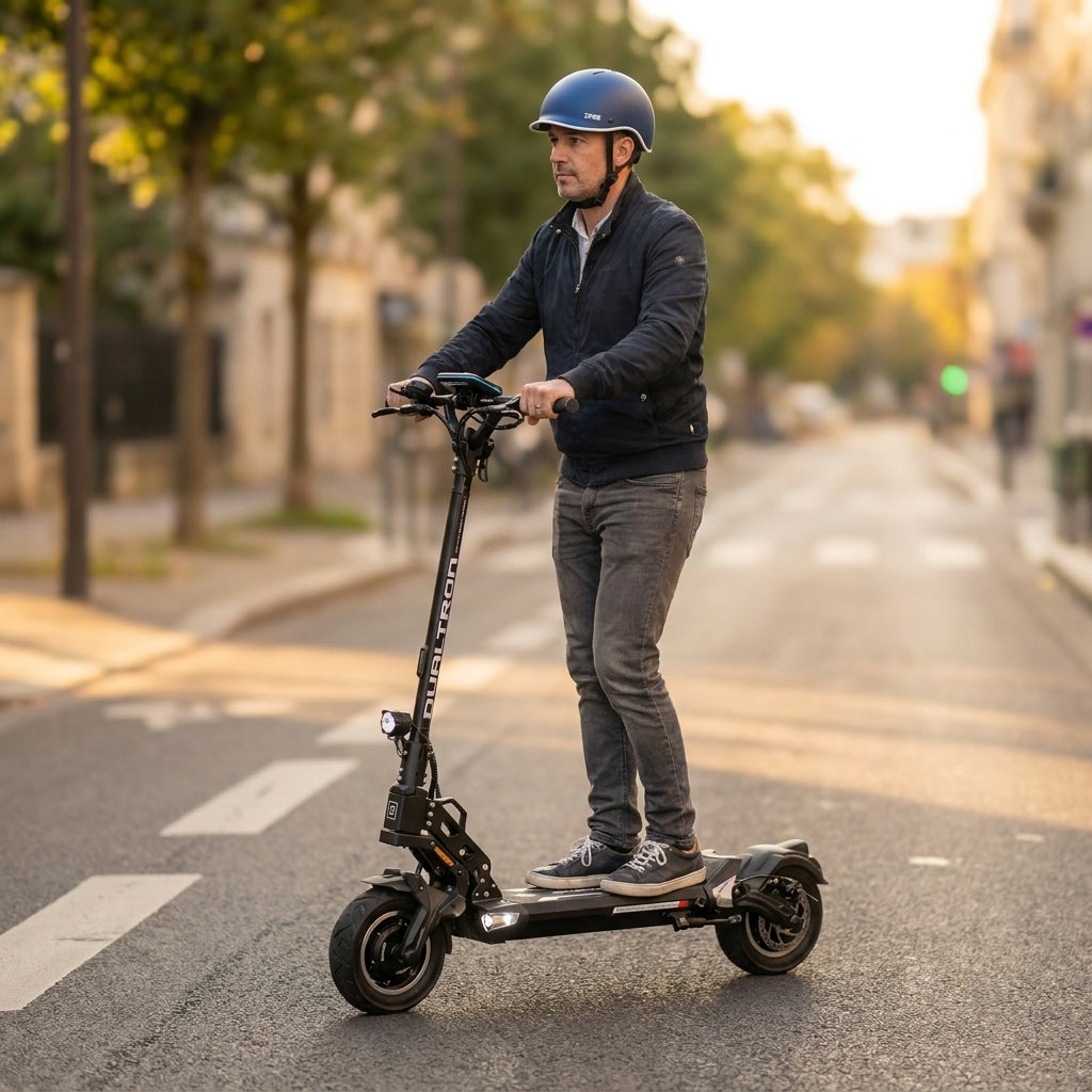 Trottinette Électrique Occasion Dualtron Togo Max : Reconditionnée — en action sur une piste cyclable urbaine
