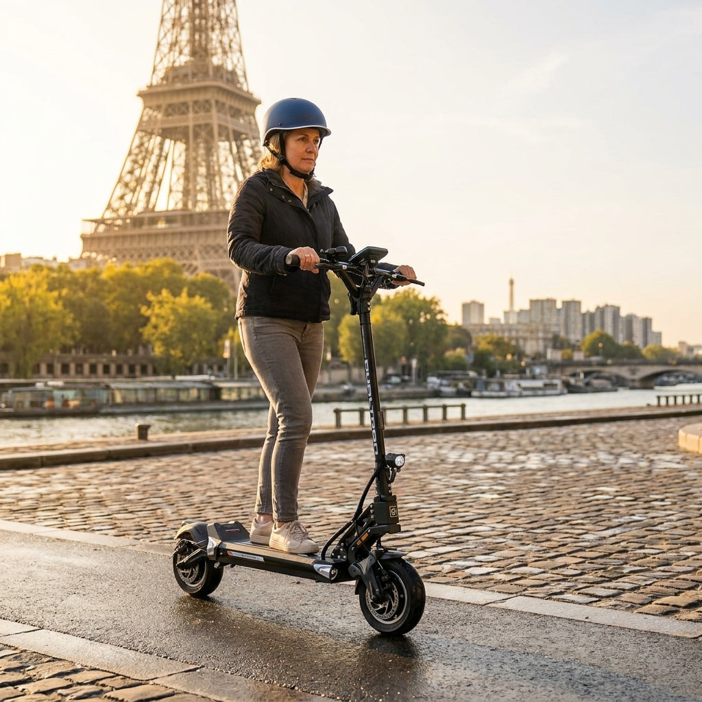 Trottinette Électrique Occasion Dualtron Togo Max : Reconditionnée — sur les quais de Seine, Tour Eiffel en arrière-plan