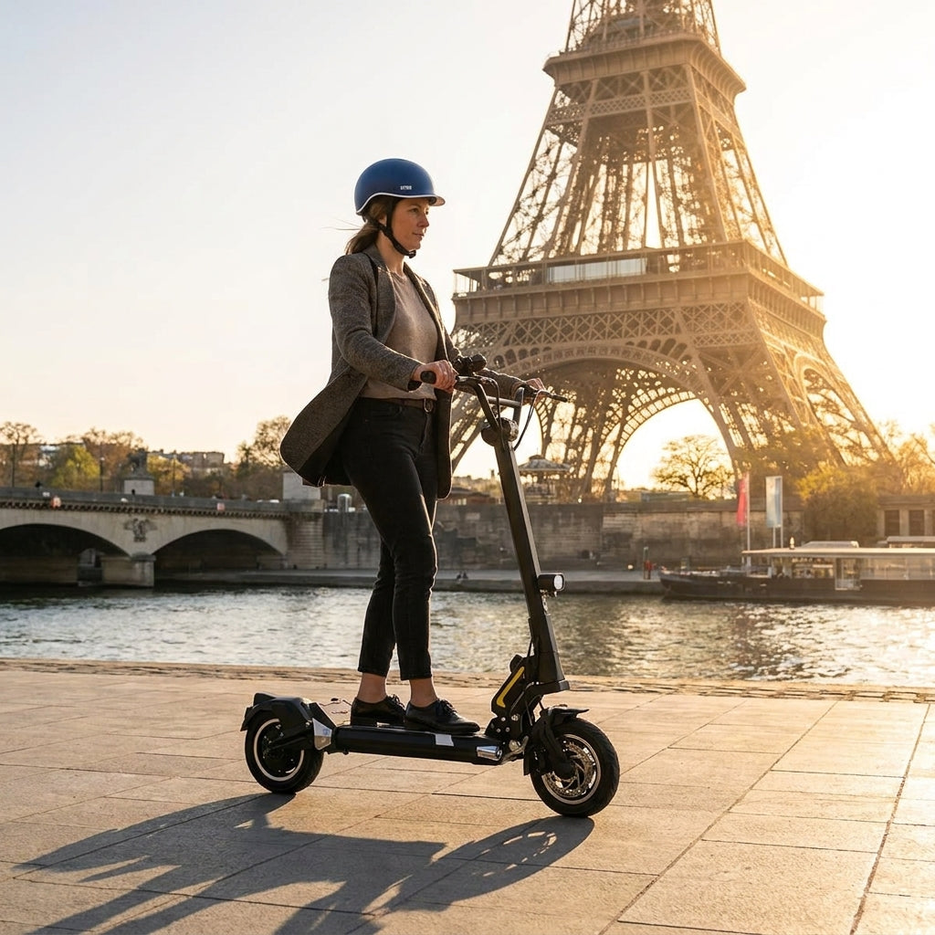 Trottinette Électrique Occasion Dualtron Togo : Reconditionnée — sur les quais de Seine, Tour Eiffel en arrière-plan