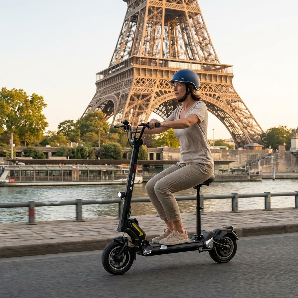 Trottinette Électrique Occasion Dualtron Togo : Reconditionnée — sur les quais de Seine, Tour Eiffel en arrière-plan