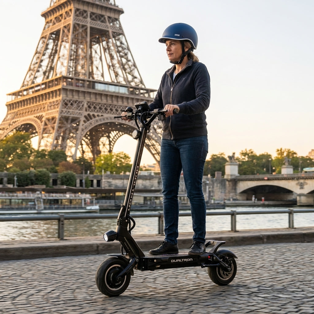 Trottinette Électrique Occasion Dualtron Victor Limited — sur les quais de Seine, Tour Eiffel en arrière-plan