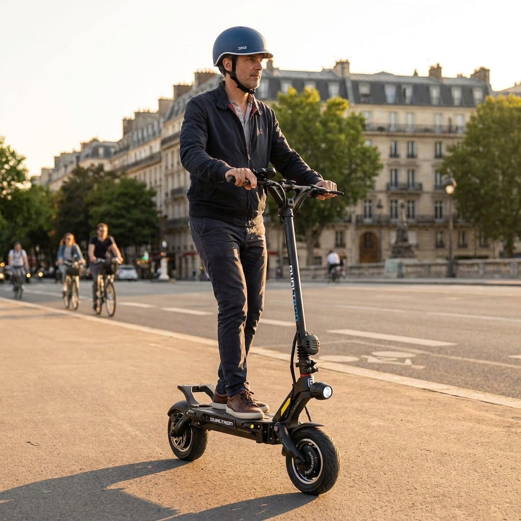 Trottinette Électrique Occasion Dualtron Victor Luxury Plus : Reconditionnée — en action sur une piste cyclable urbaine
