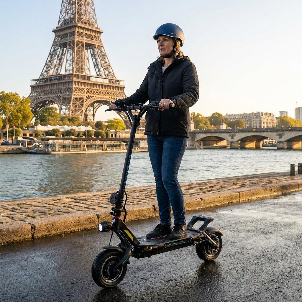 Trottinette Électrique Occasion Dualtron Victor Luxury Plus — sur les quais de Seine, Tour Eiffel en arrière-plan