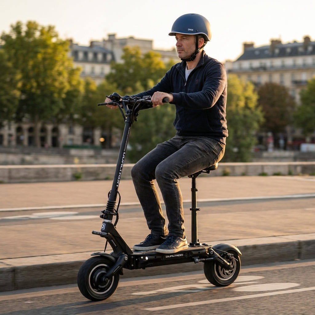 Trottinette Électrique Occasion Dualtron Victor : Reconditionnée — en action sur une piste cyclable urbaine