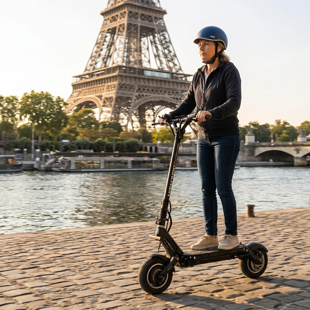 Trottinette Électrique Occasion Dualtron Victor : Reconditionnée — sur les quais de Seine, Tour Eiffel en arrière-plan