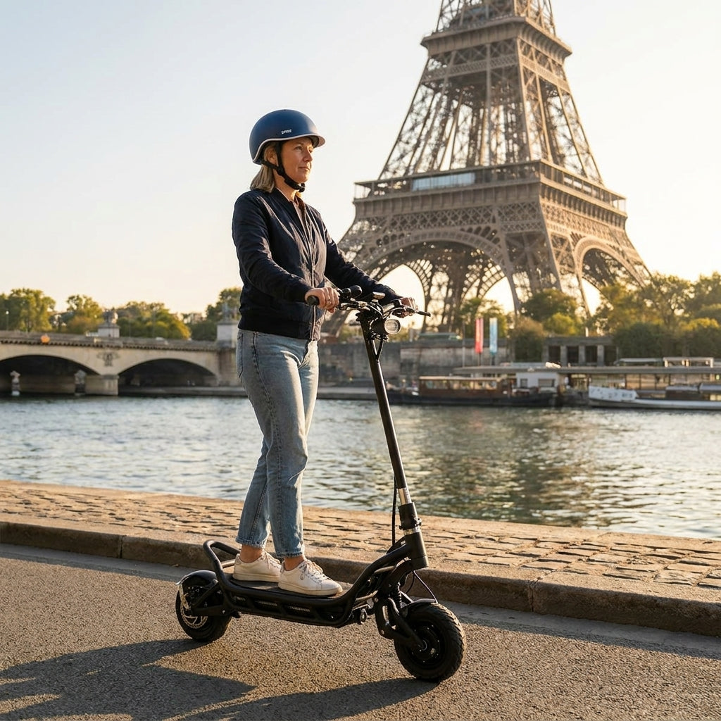 Trottinette Électrique Occasion Nami Burn E3 Max : Reconditionnée — sur les quais de Seine, Tour Eiffel en arrière-plan
