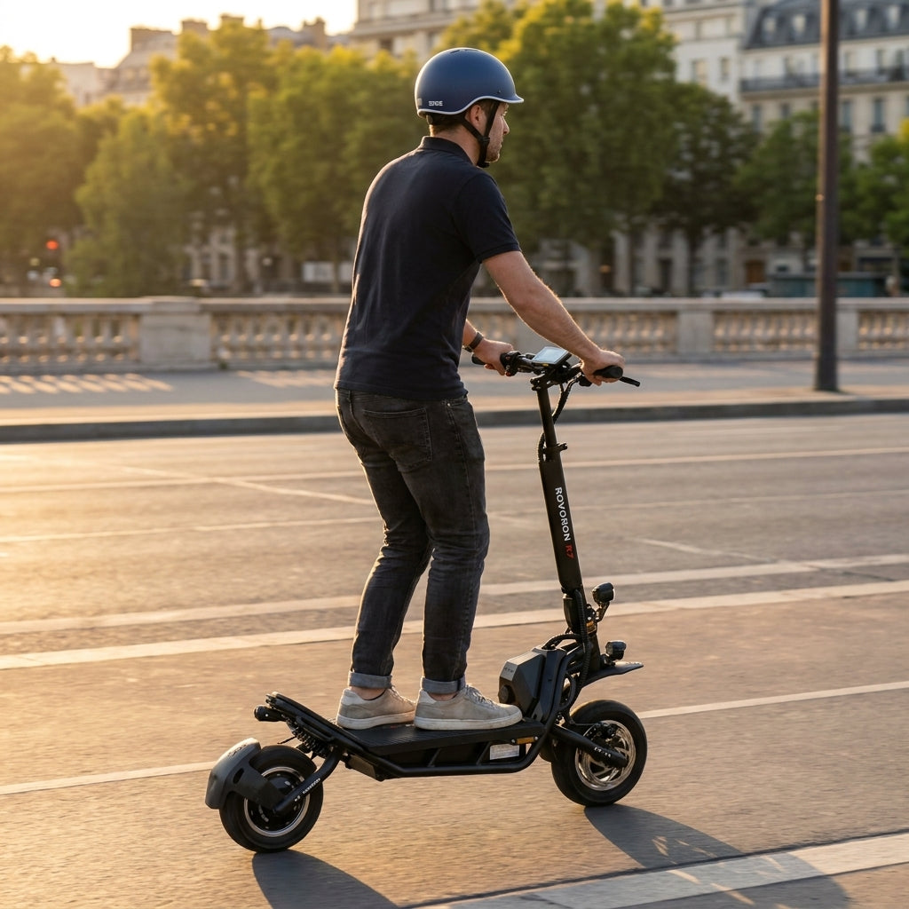 Trottinette Électrique Occasion Rovoron R7 : Reconditionnée — en action sur une piste cyclable urbaine