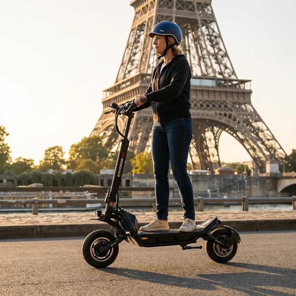 Trottinette Électrique Occasion Rovoron R7 : Reconditionnée — sur les quais de Seine, Tour Eiffel en arrière-plan