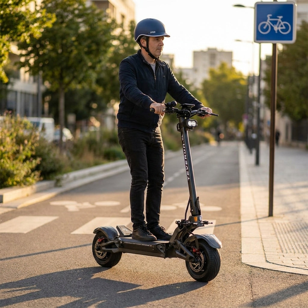 Trottinette Électrique Occasion Teverun 7260R V6 2026 : Reconditionnée — en action sur une piste cyclable urbaine