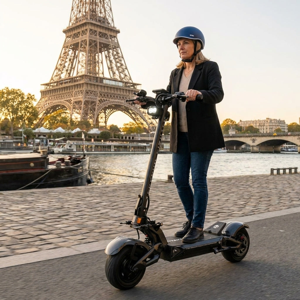 Trottinette Électrique Occasion Teverun 7260R V6 2026 : Reconditionnée — sur les quais de Seine, Tour Eiffel en arrière-plan