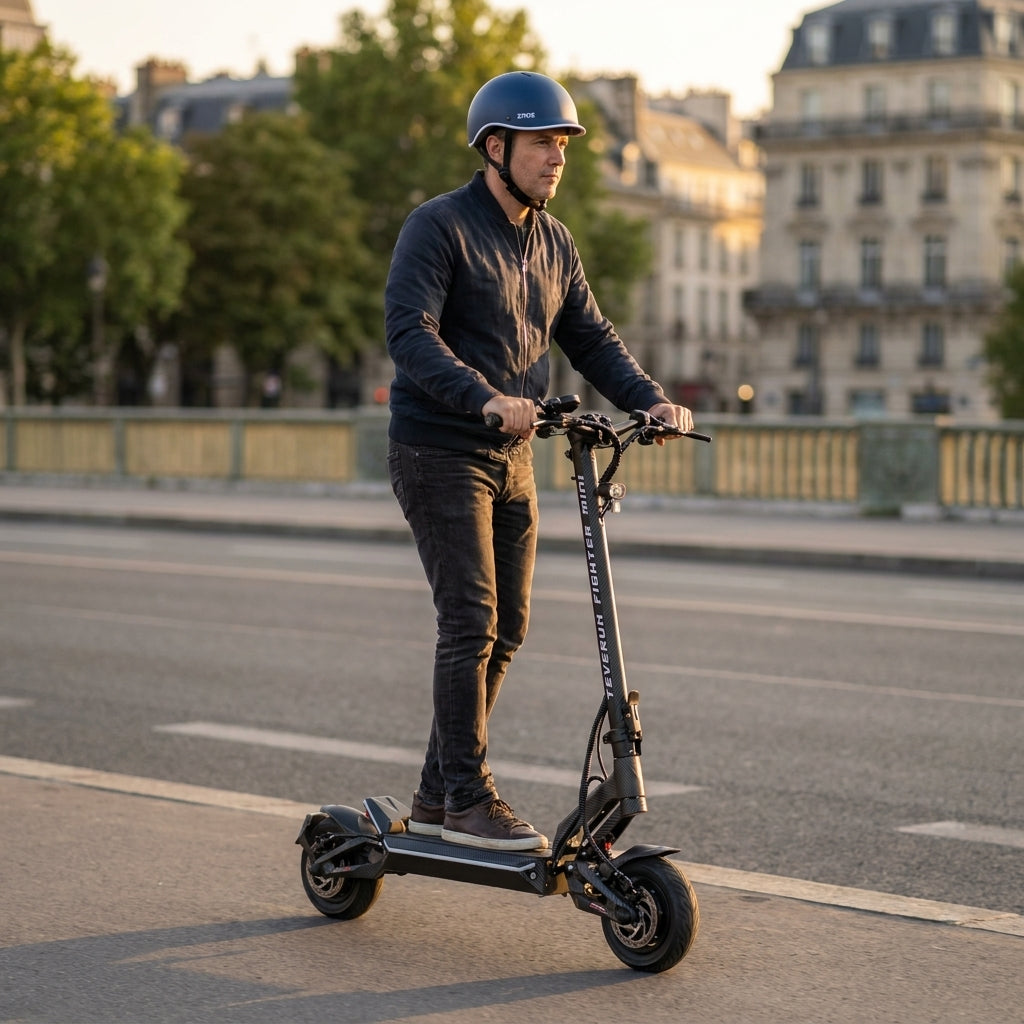 Trottinette Électrique Occasion Teverun Fighter Mini Pro V6 2026 : Reconditionnée — en action sur une piste cyclable urbaine
