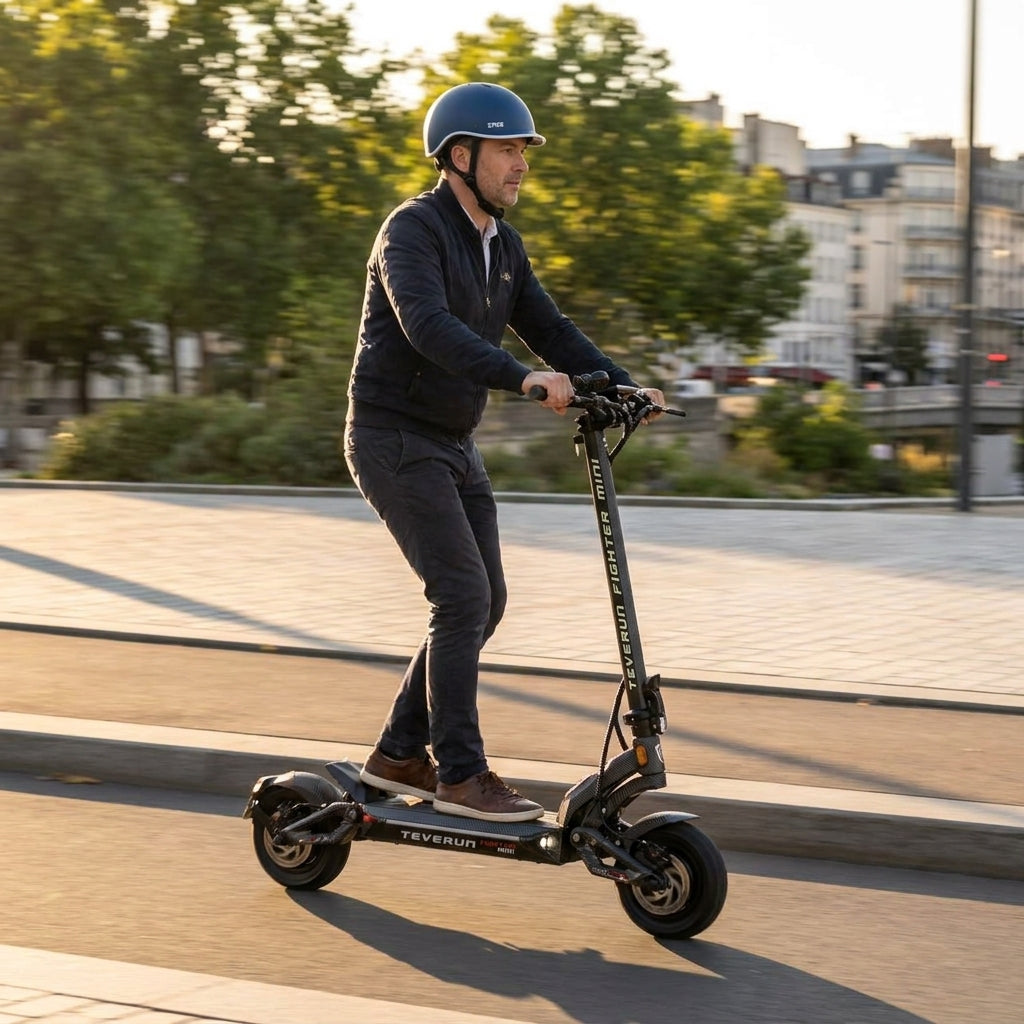 Trottinette Électrique Occasion Teverun Fighter Mini V6 : Reconditionnée — en action sur une piste cyclable urbaine