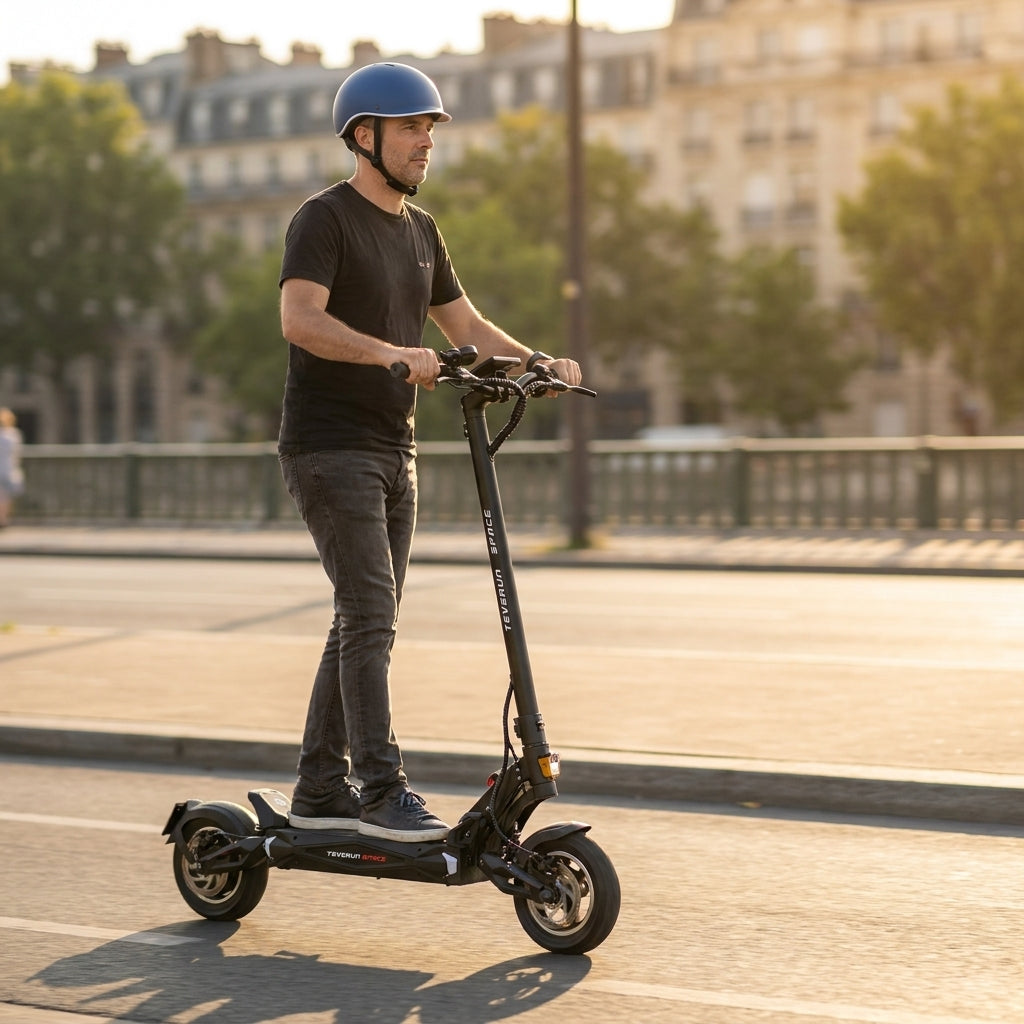 Trottinette Électrique Occasion Teverun Space : Reconditionnée — en action sur une piste cyclable urbaine