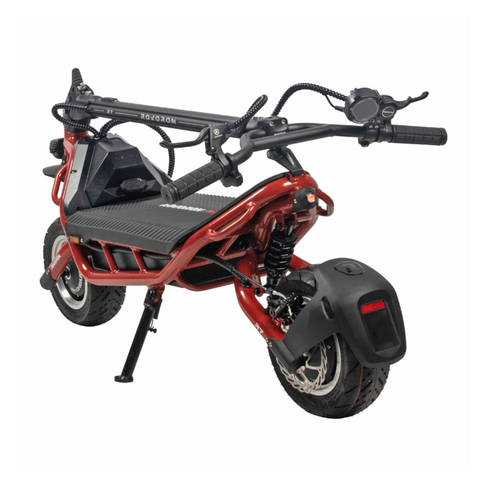Trottinette Électrique Rovoron R7 rouge vue arrière, guidon replié, garde-boue et feu arrière - Weebot
