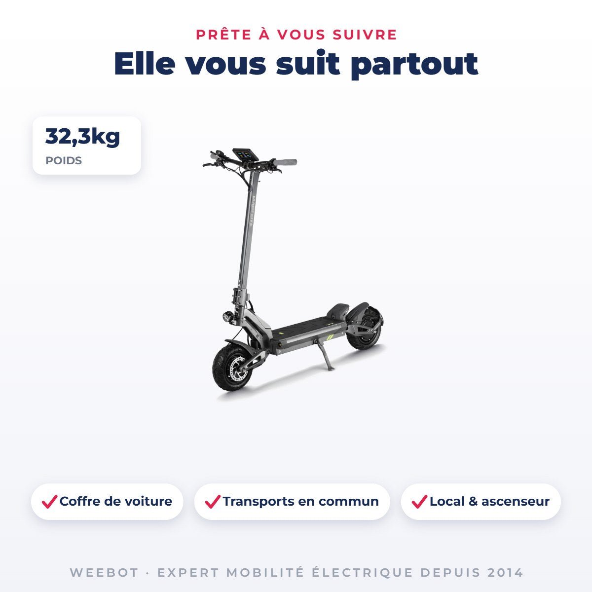 Trottinette Électrique Langfeite Cayman S — dimensions et poids 32,3kg, pour le transport au quotidien