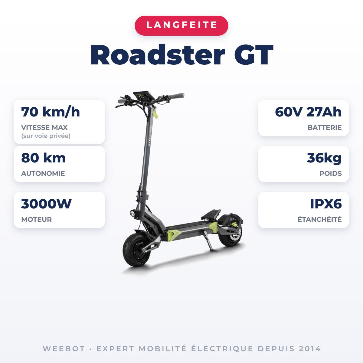 Trottinette Électrique Langfeite Roadster GT — fiche technique : 70 km/h, autonomie 80 km, moteur 3000W