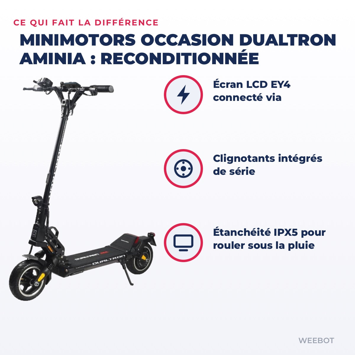 Trottinette Électrique Occasion Dualtron Aminia : Reconditionnée — points forts : Écran LCD EY4 connecté via Bluetooth