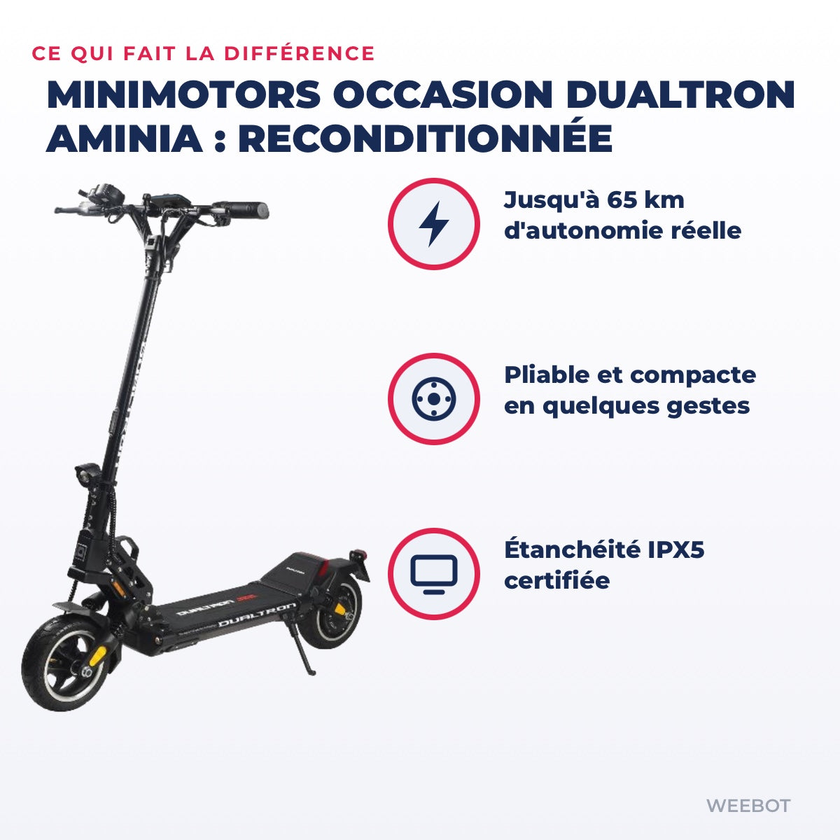 Trottinette Électrique Occasion Dualtron Aminia : Reconditionnée — points forts : Jusqu'à 65 km d'autonomie réelle