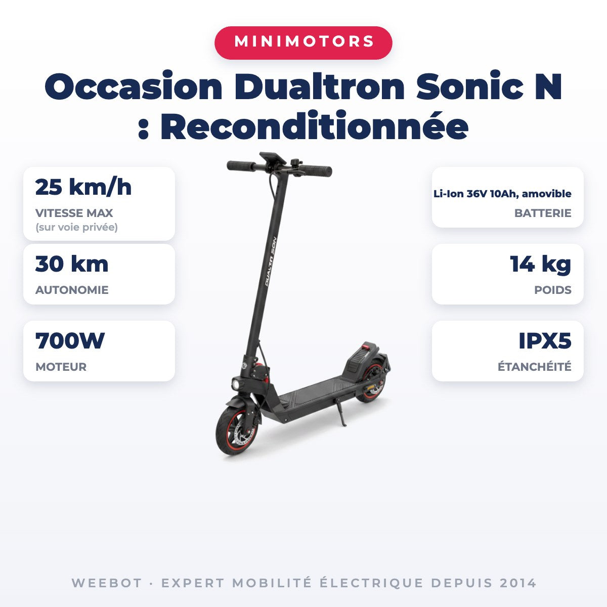 Trottinette Électrique Occasion Dualtron Sonic N : Reconditionnée — fiche technique : 25 km/h, autonomie 30 km, moteur 700W