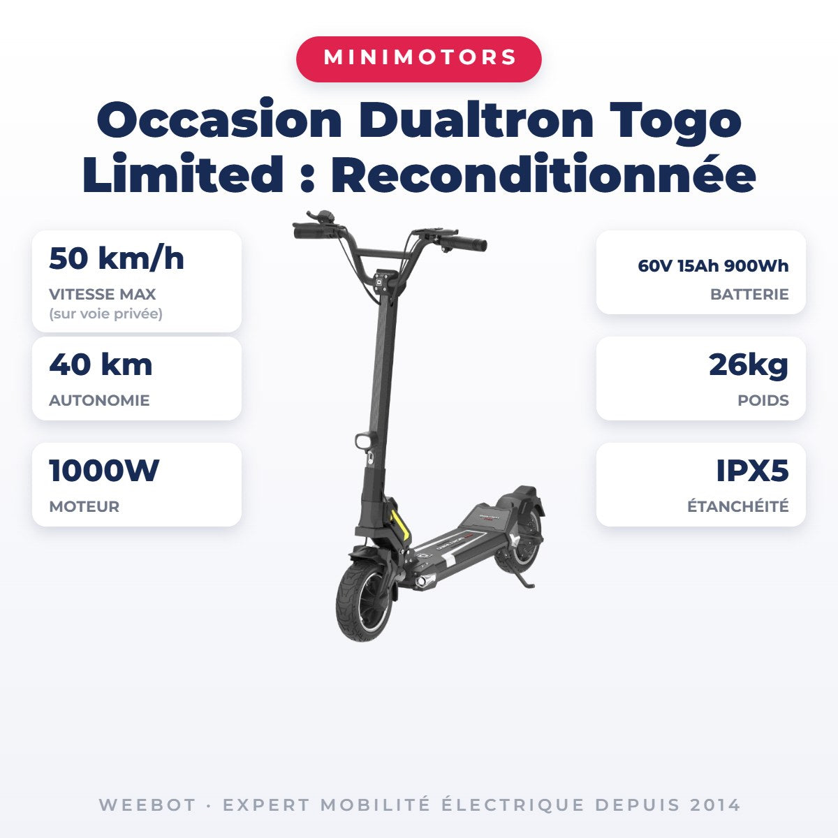 Trottinette Électrique Occasion Dualtron Togo Limited : Reconditionnée — fiche technique : 50 km/h, autonomie 40 km