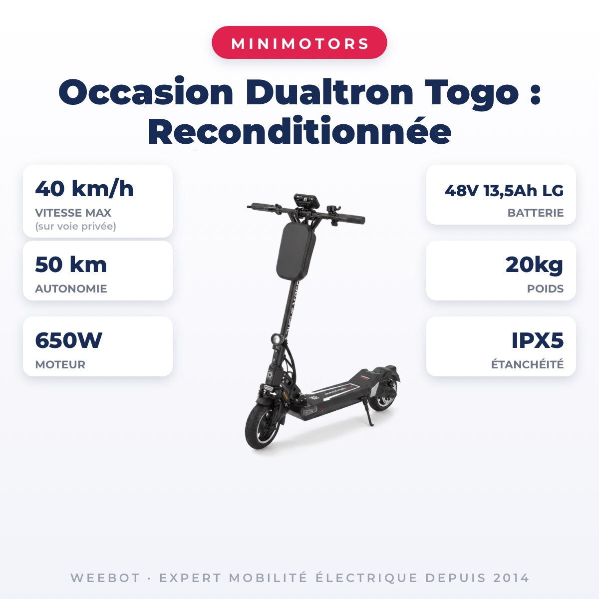 Trottinette Électrique Occasion Dualtron Togo : Reconditionnée — fiche technique : 40 km/h, autonomie 50 km, moteur 650W