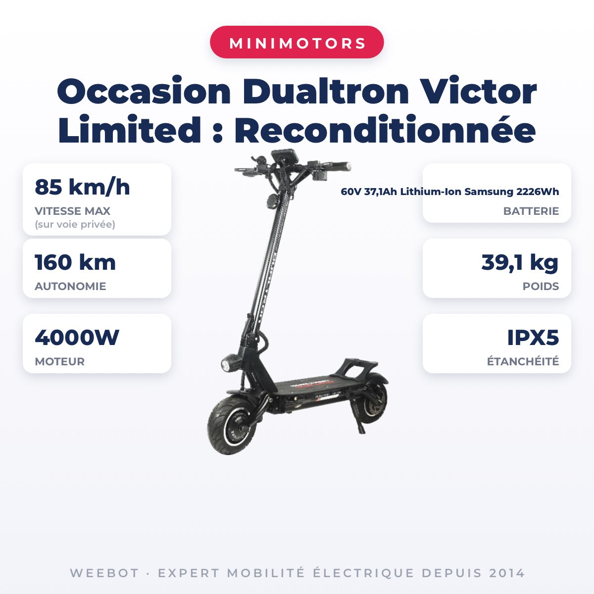 Trottinette Électrique Occasion Dualtron Victor Limited : Reconditionnée — fiche technique : 85 km/h, autonomie 160 km