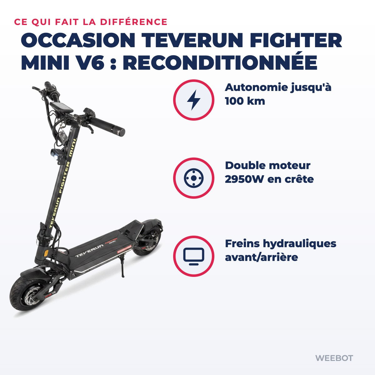 Trottinette Électrique Occasion Teverun Fighter Mini V6 : Reconditionnée — points forts : Autonomie jusqu'à 100 km