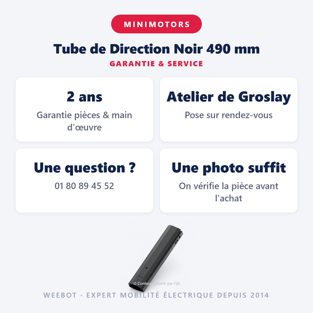 Tube de Direction Noir 490 mm : garantie 2 ans et service après-vente