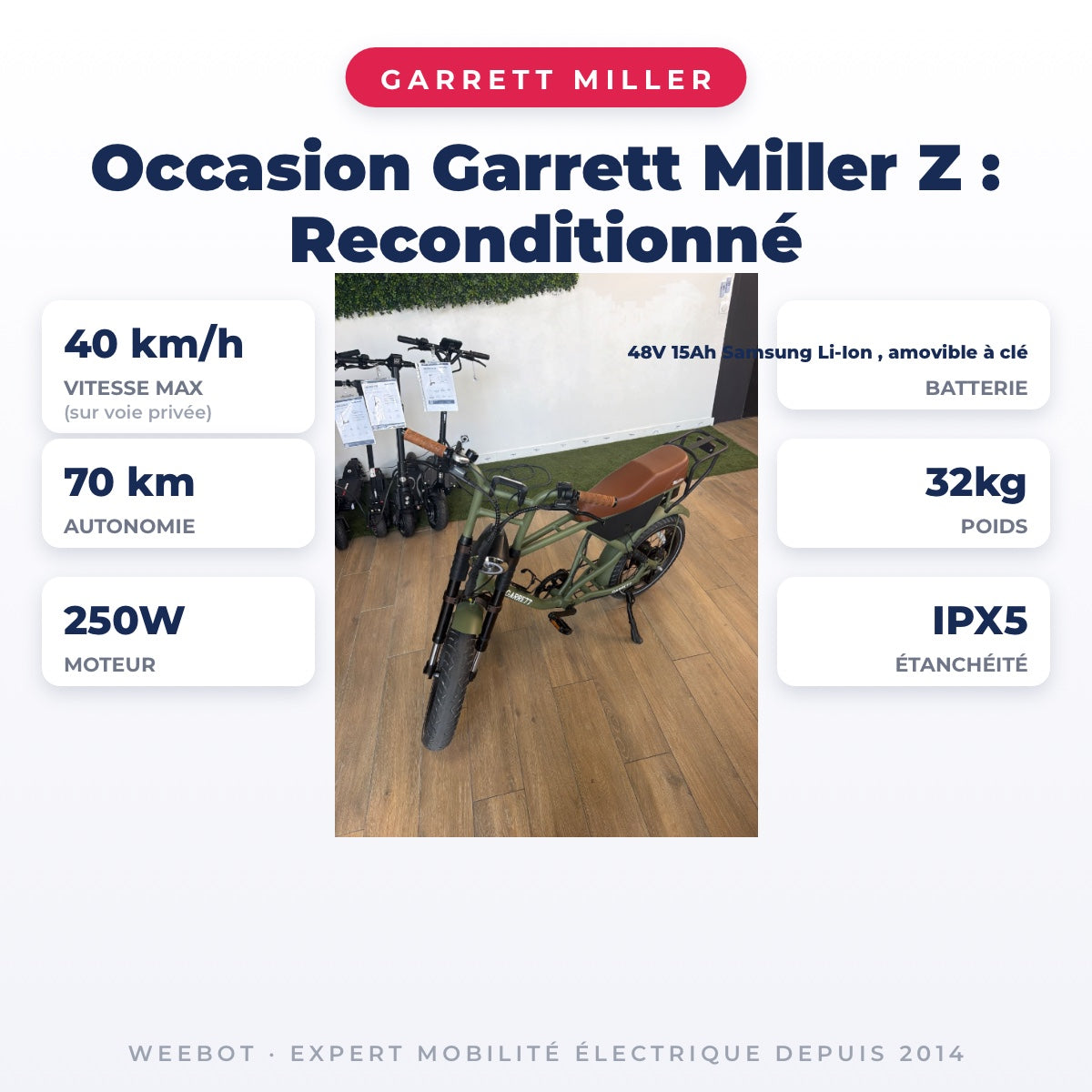Vélo Électrique Occasion Garrett Miller Z : Reconditionné — fiche technique : 40 km/h, autonomie 70 km, moteur 250W