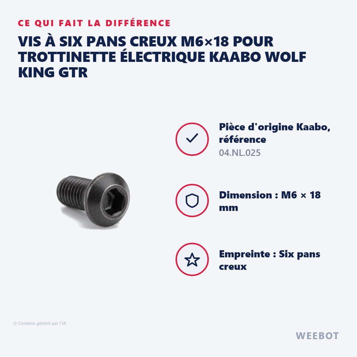 Vis à Six Pans Creux M6×18 pour Trottinette Électrique Kaabo Wolf King GTR - Weebot