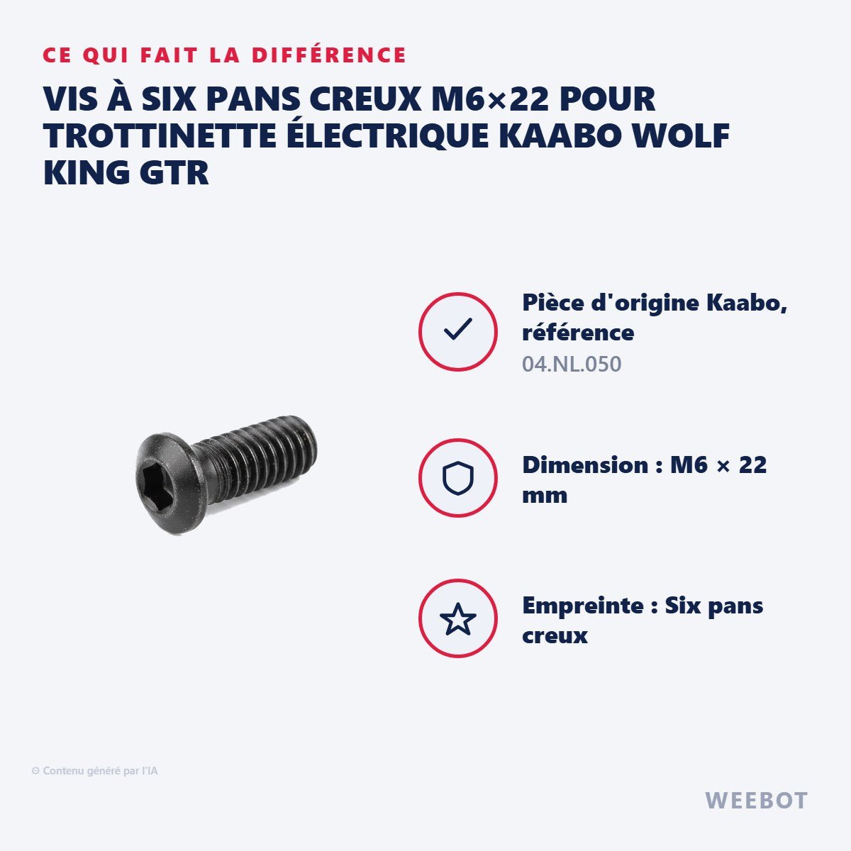 Vis à Six Pans Creux M6×22 pour Trottinette Électrique Kaabo Wolf King GTR - Weebot